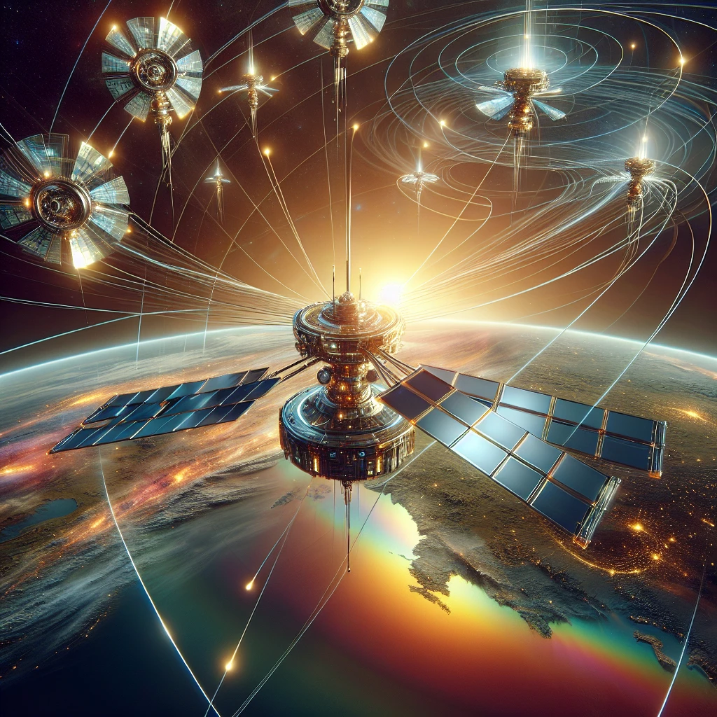 夕暮れの異星惑星の上空に、複数の人工衛星と光るエネルギーネットワークが網のように広がる軌道施設が写っている。
