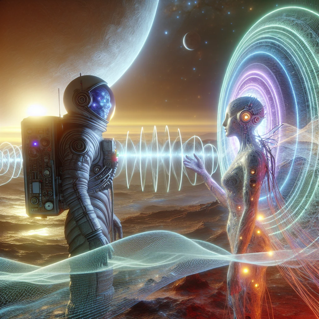 地球人宇宙飛行士と異星生物が発光する月面で向き合い、音響の波紋が漂う幻想的な風景。