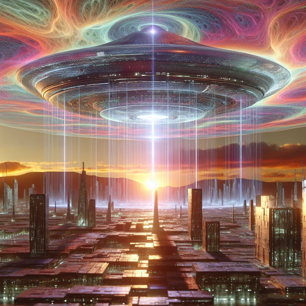 夕焼け空の下、異星都市上空に浮かぶ光沢あるシールドに包まれた先進的な大使館ユニットの様子。