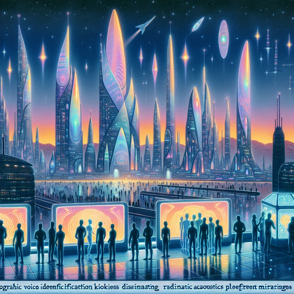 夕暮れ時の異星都市の広場で、多様な市民たちが光る音声ID端末から投影される色鮮やかな音波のホログラムを見つめている光景。