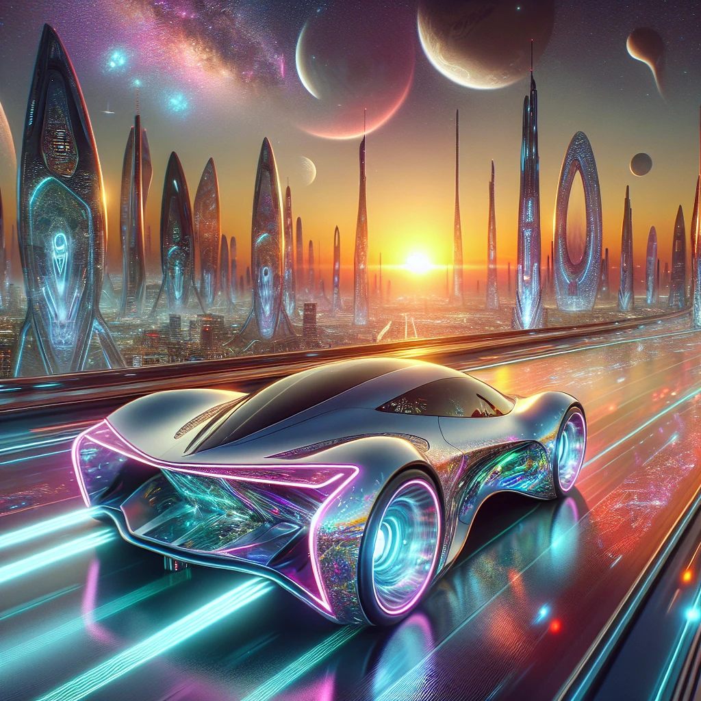 夕暮れ時の異星都市で、車体表面のロゴが消え始めている未来的なEVレーシングカーが走行する様子。