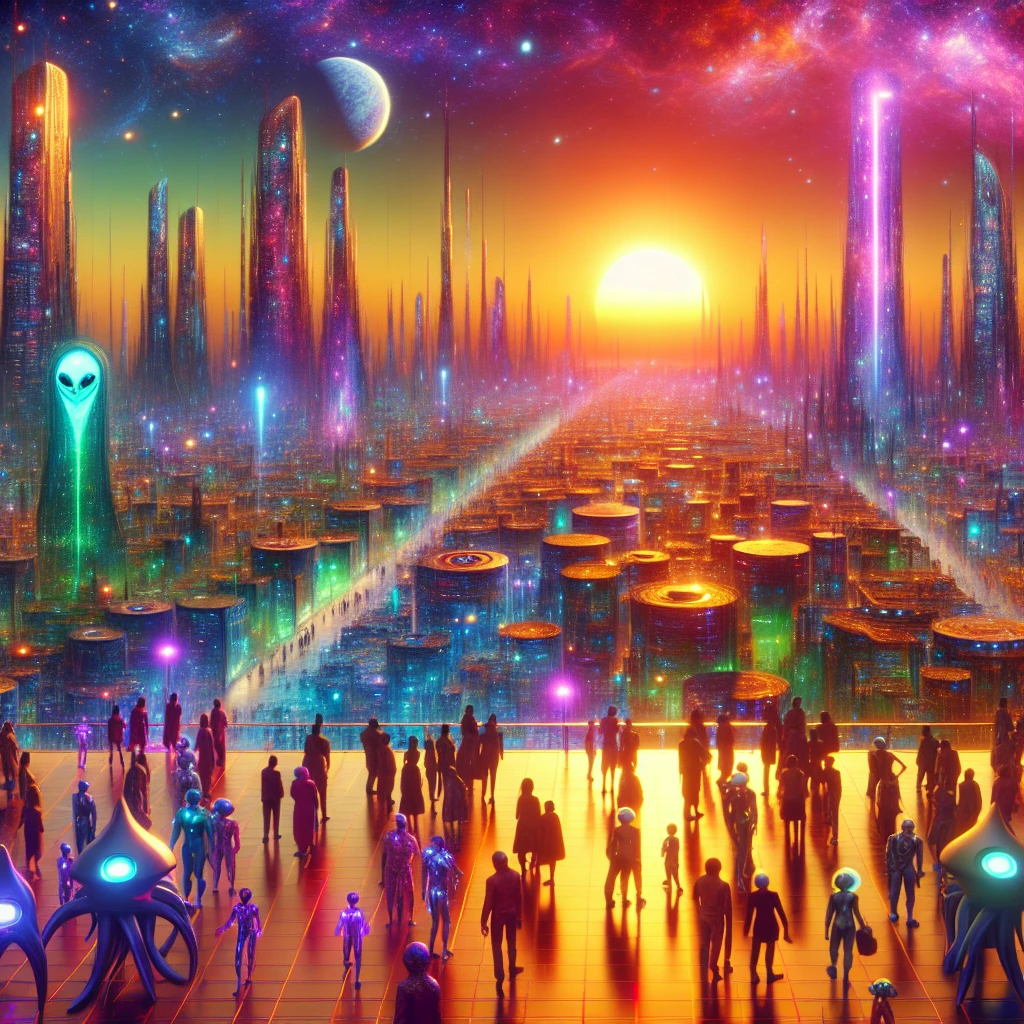 夕暮れ時の異星都市で、多様な宇宙人と地球人が集う未来的な記憶交換市場の様子。