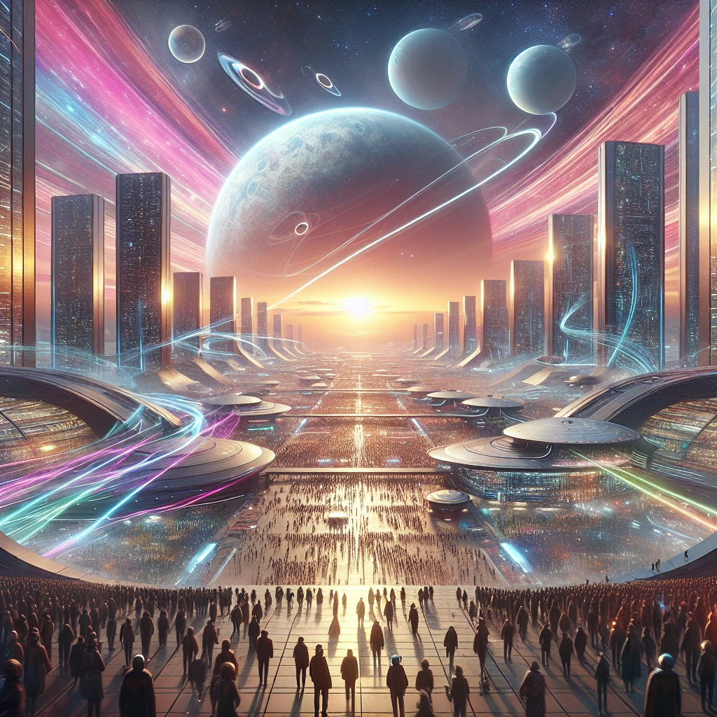 夕暮れの中、未来的な建築物に囲まれた広場で多様な異星人市民が体から波動を発しながら大規模に集まっている様子。