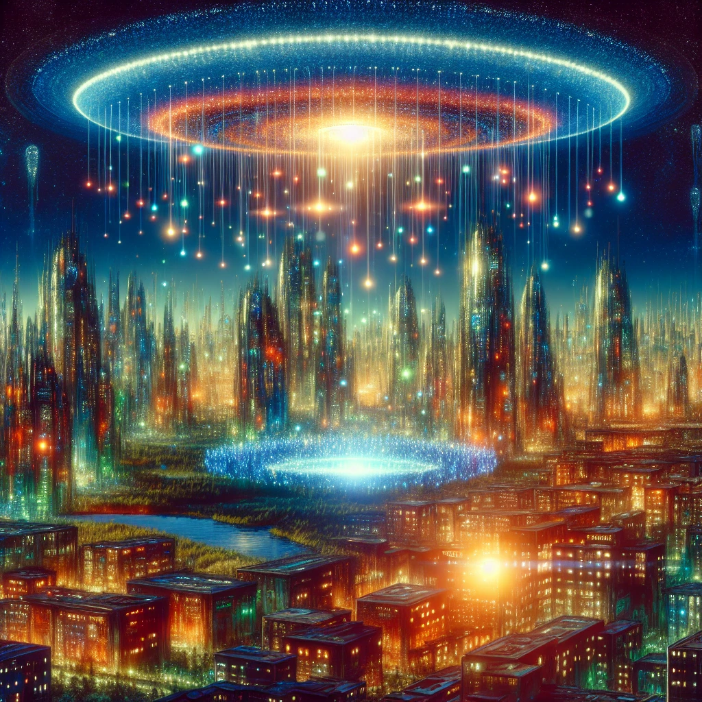 夕暮れ時の異星都市で、発光する庭園の中心に多様な異星人たちが輪になって集まり、光のラインで互いに結ばれている様子のリアルな写真風画像。