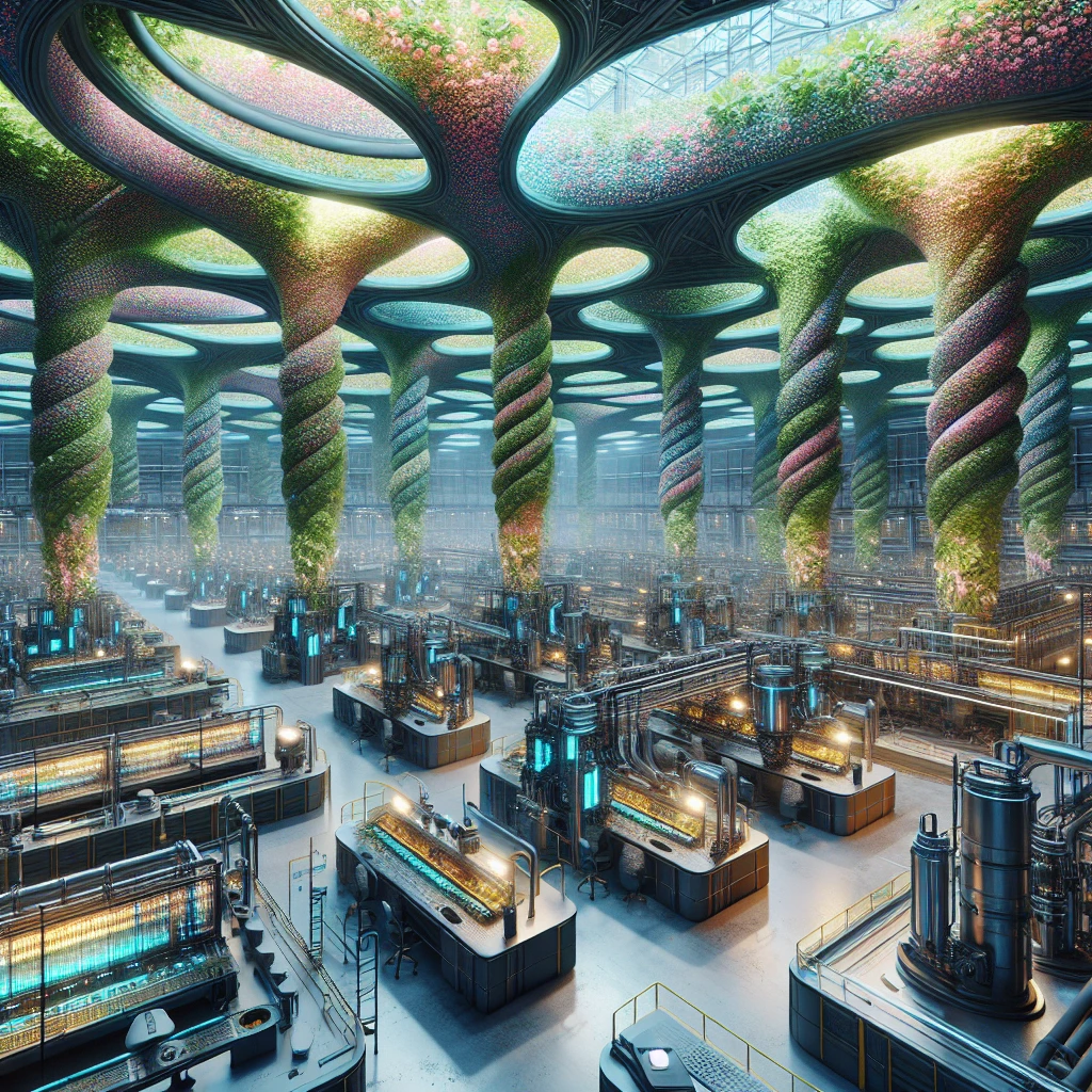 未来的な工場内で、壁や装置に植物のようなナノ素材が成長し、全体が庭園のように見える光景。