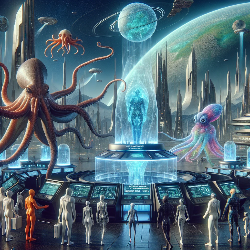 多様な異星人たちが軌道都市内のデジタルキオスクで市民交換インターフェースを操作している未来的な一場面。