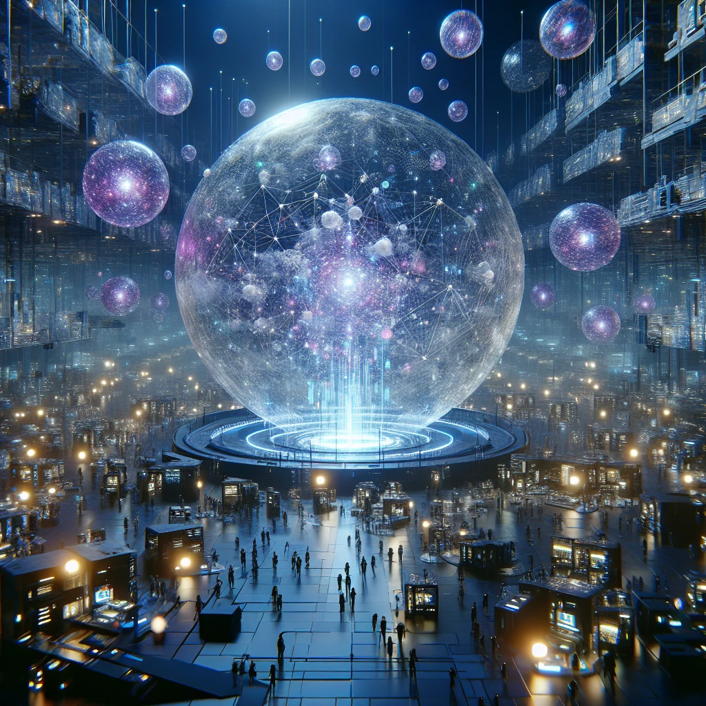 銀河系辺境の透明な球体空間で、半透明の知性球体族が光るデジタル断片を分裂させて交換している様子。