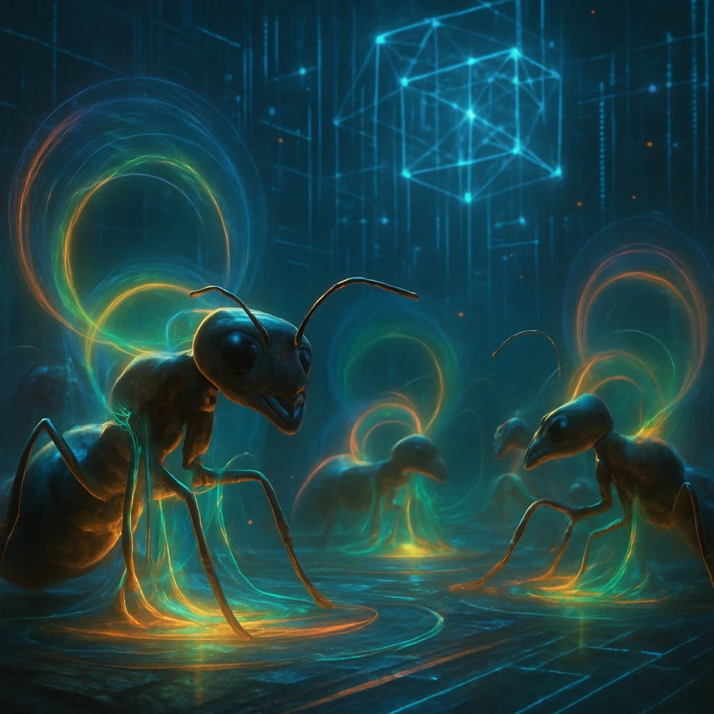 未来的なデジタル空間で光るオーラに包まれた蟻型知性生命体たちが集い、意識ネットワークを可視化する場面。