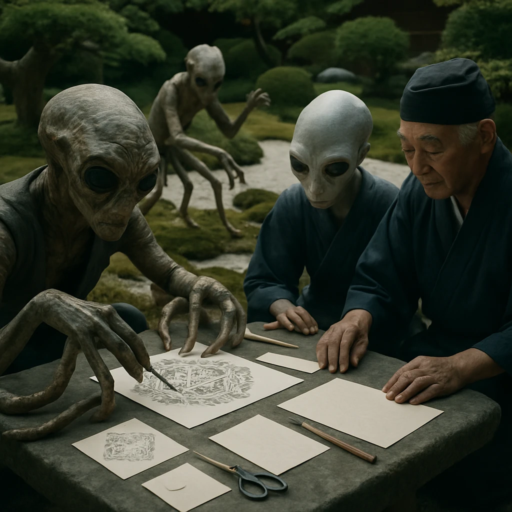 日本庭園で多関節触手を持つ異星人職人と日本の職人が儀式を行っているリアルな場面。