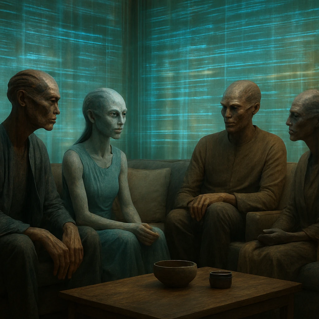 半透明の壁にデジタル情報が映し出された未来的なリビングルームで、クラロス族の人々がリラックスして座り合い交流している様子。