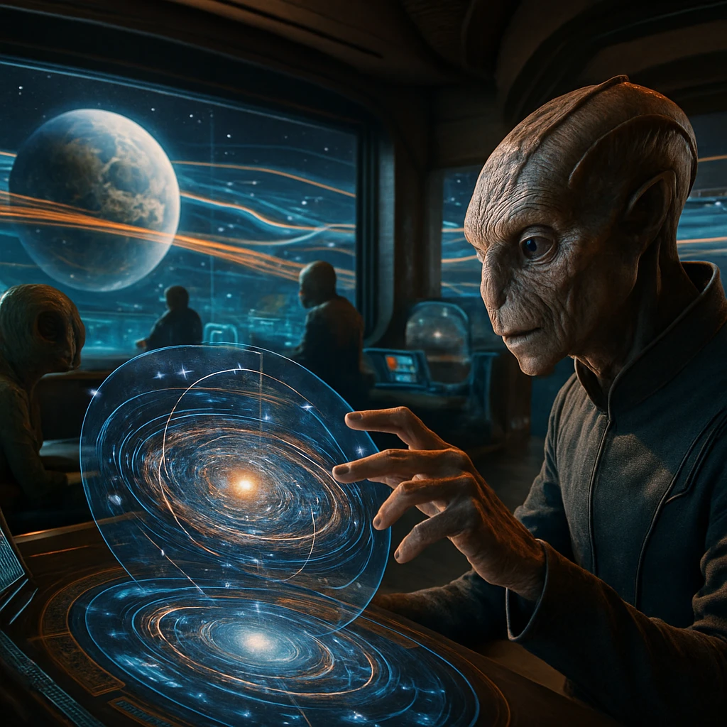 ゼヴィランの先進的な制御室で、多様な異星人技術者たちが銀河規模のホログラムARプロジェクションを操作している様子。
