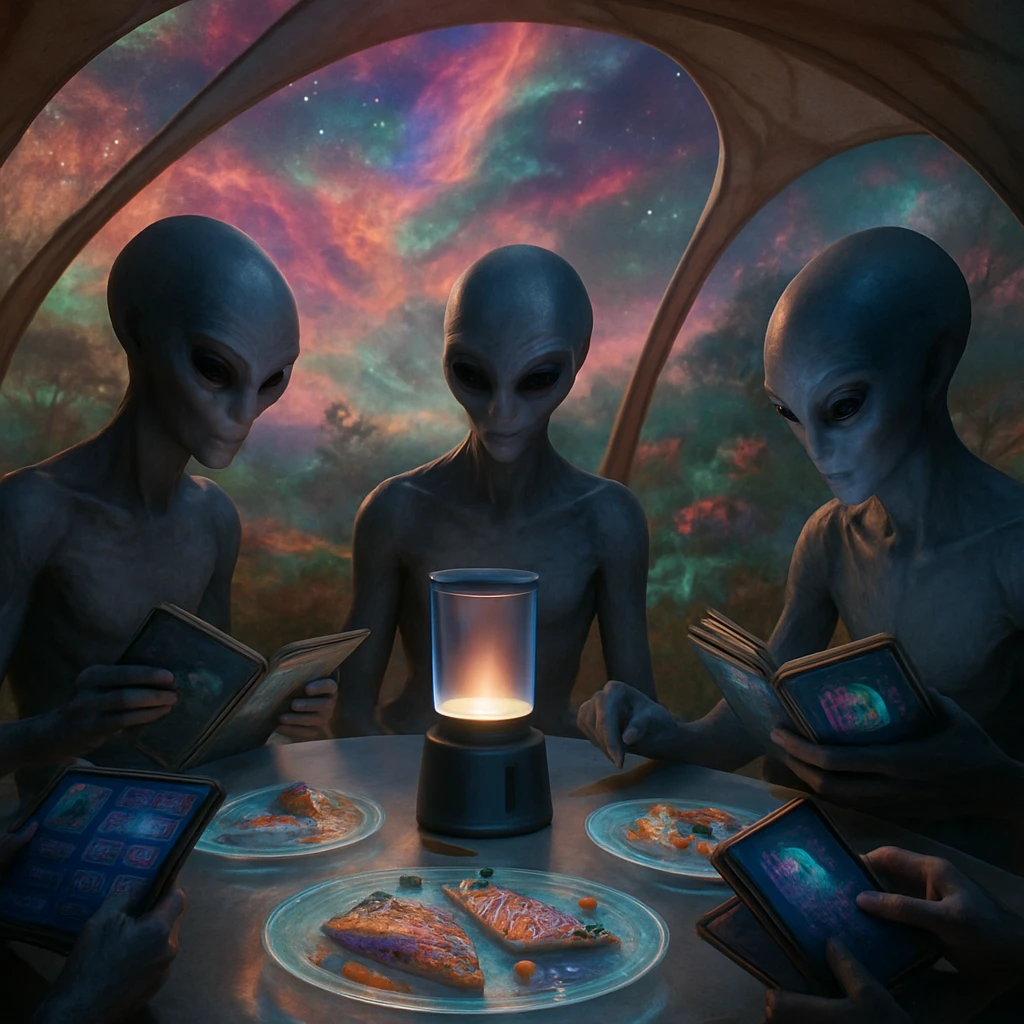 異星の半透明シェルター内でエイリアンたちが光る炉を囲み、鮮やかな料理や多次元印章を鑑賞している様子。