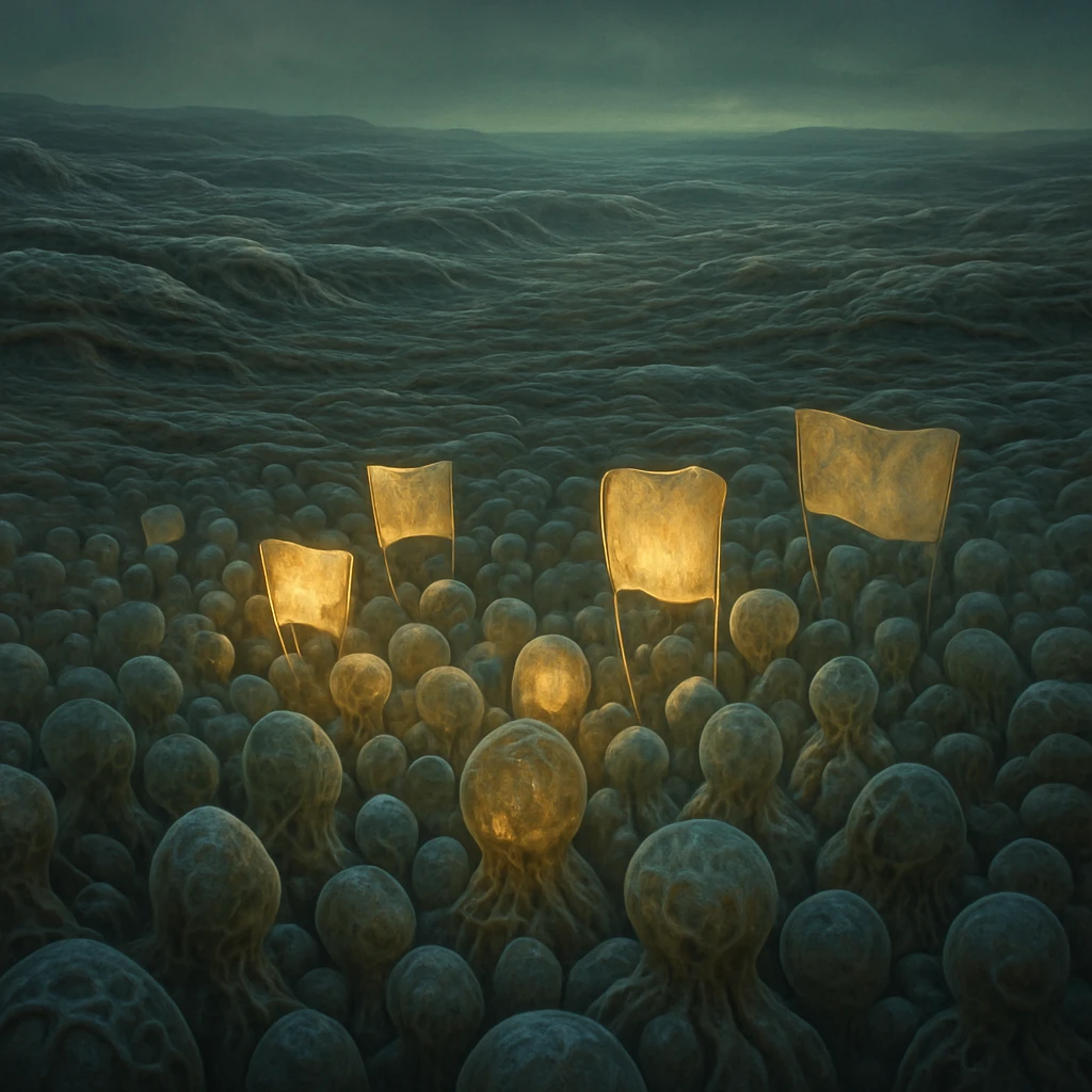 惑星フリアースの有機的な地表で、多様な細胞が集まり抗議している様子を描いた写真風画像。