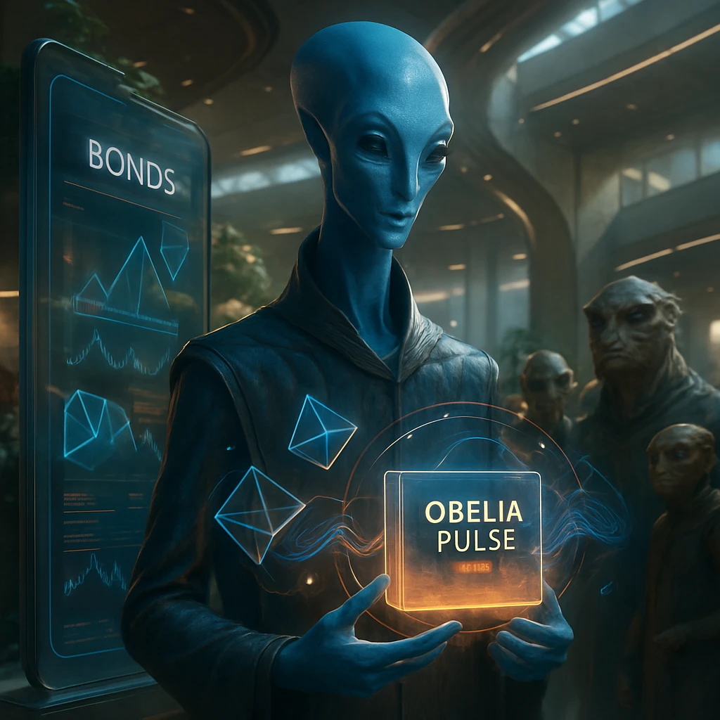 先進的な宇宙都市の金融拠点で、“オベリア・パルス”債券の発行端末を操作するオスト＝イーム族と、その周囲で興味深そうに見守る多様な知性体たちの様子。