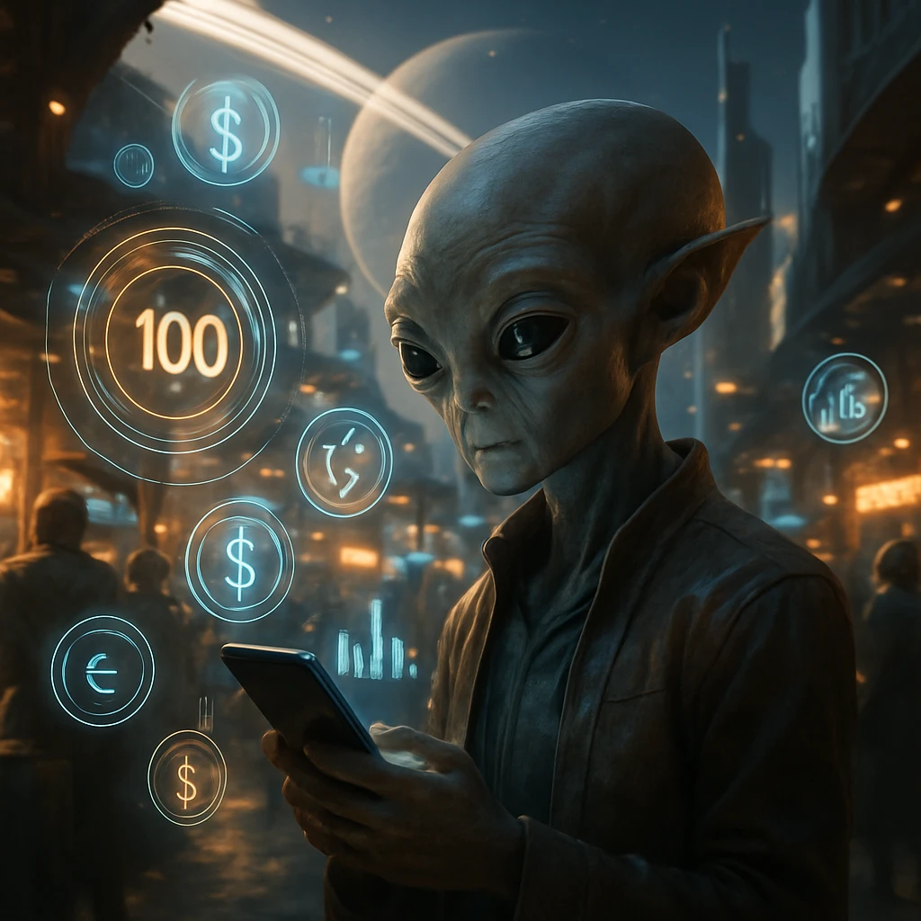 先進的な都市市場で異星人が光る端末を手にし、周囲にホログラムの金融データが浮かんでいる様子。