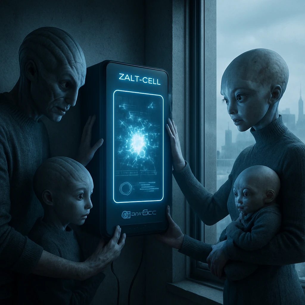 未来的な家の中でエイリアンの家族が光る装置を壁に設置している様子。