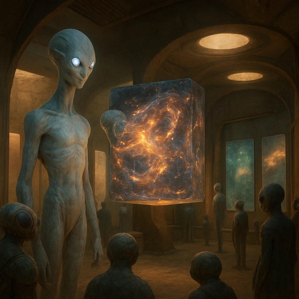 異星人たちが浮遊する立体版画アートを囲む幻想的な美術展会場の様子。