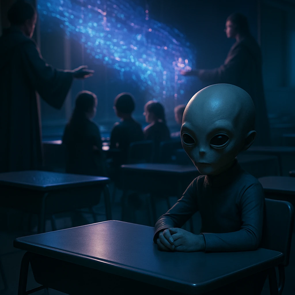 近未来的な教室で、一人だけ離れて座るエイリアンの子どもと、奥で大人たちからホログラムを受け取る集団の子どもたち。