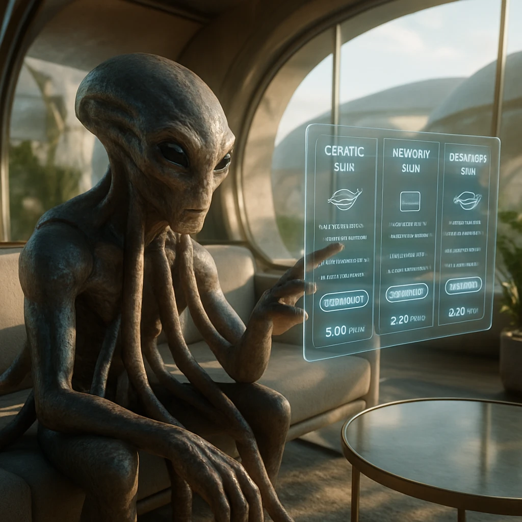 多触手の異星人が未来的なリビングで遺伝サブスクリプションのホログラムを操作している様子。