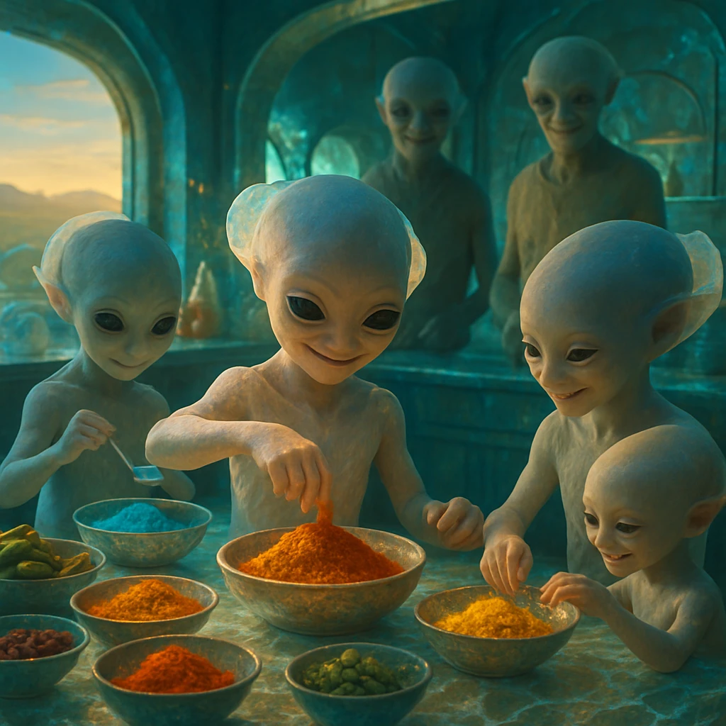 シャイリノクス星の鮮やかで異星的な台所で、幼児のザフ＝フォルン族がスパイスを調合し、長老たちが微笑んで見守っている様子。