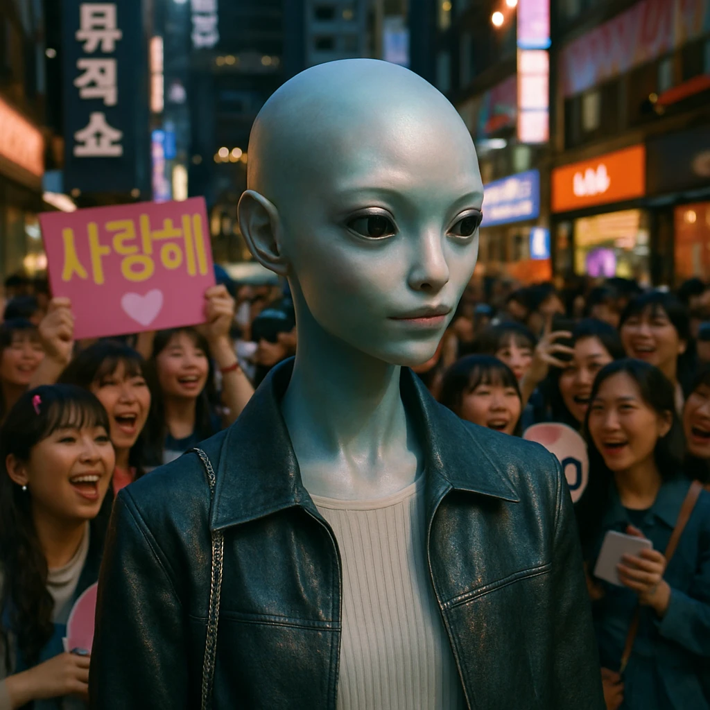 ソウルの音楽番組会場近くで、多様なファッションやバッジを身に着けたファンの群れを観察する異星人風の女性研究員の様子。