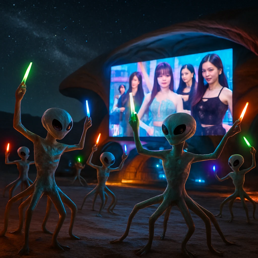 多脚で半透明の異星人たちが発光するペンライトを持ち、星空の下でK-POP風ダンスを披露している場面。