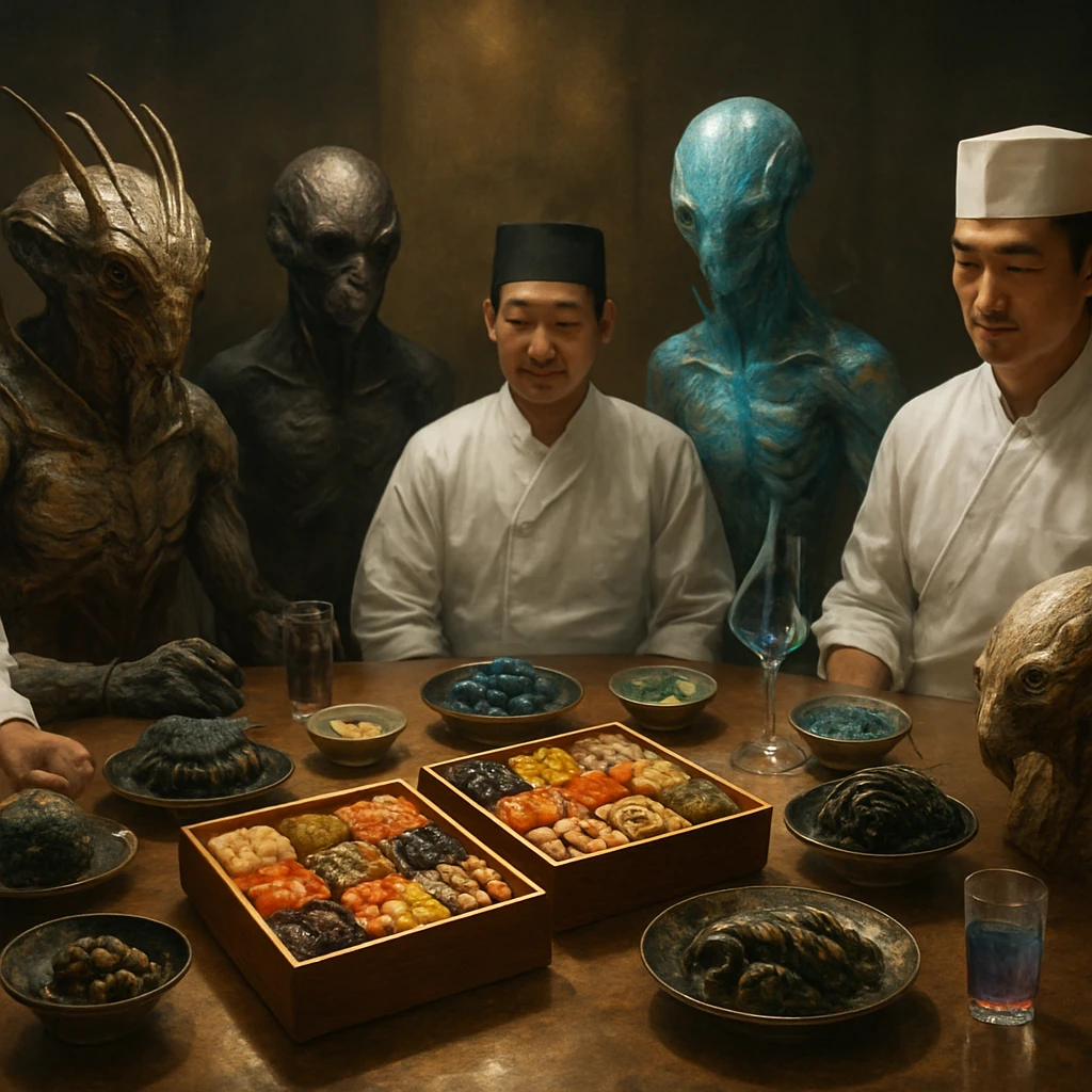 重箱に盛られた和食や異星料理が並び、宇宙人と日本人料理人が同じテーブルを囲んで交流する様子のリアルな写真風イメージ。