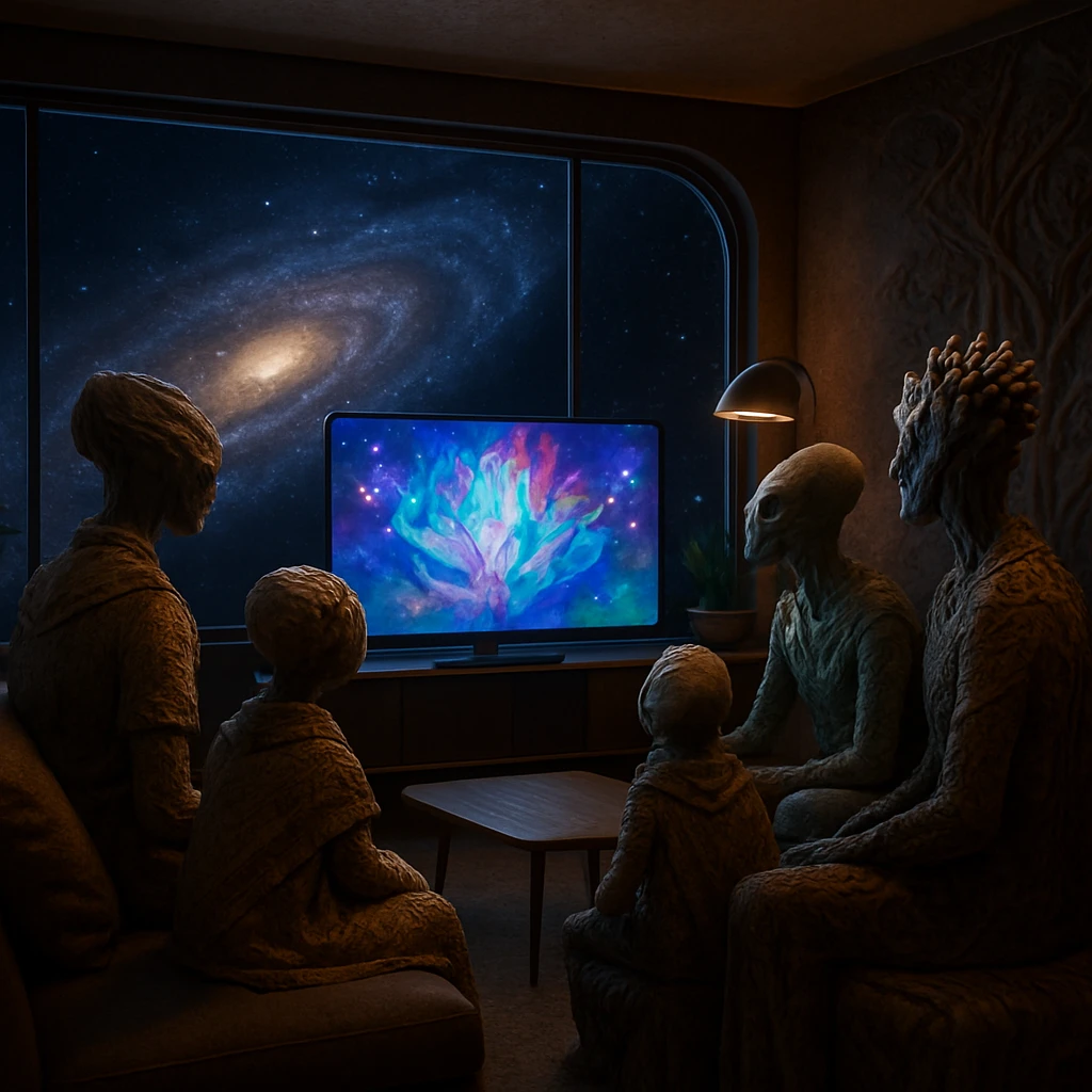 ギロメダ星域の未来的なリビングで、シンクロニウム族の家族がホログラムテレビの鮮やかなオープニング映像を夢中で見ている様子。