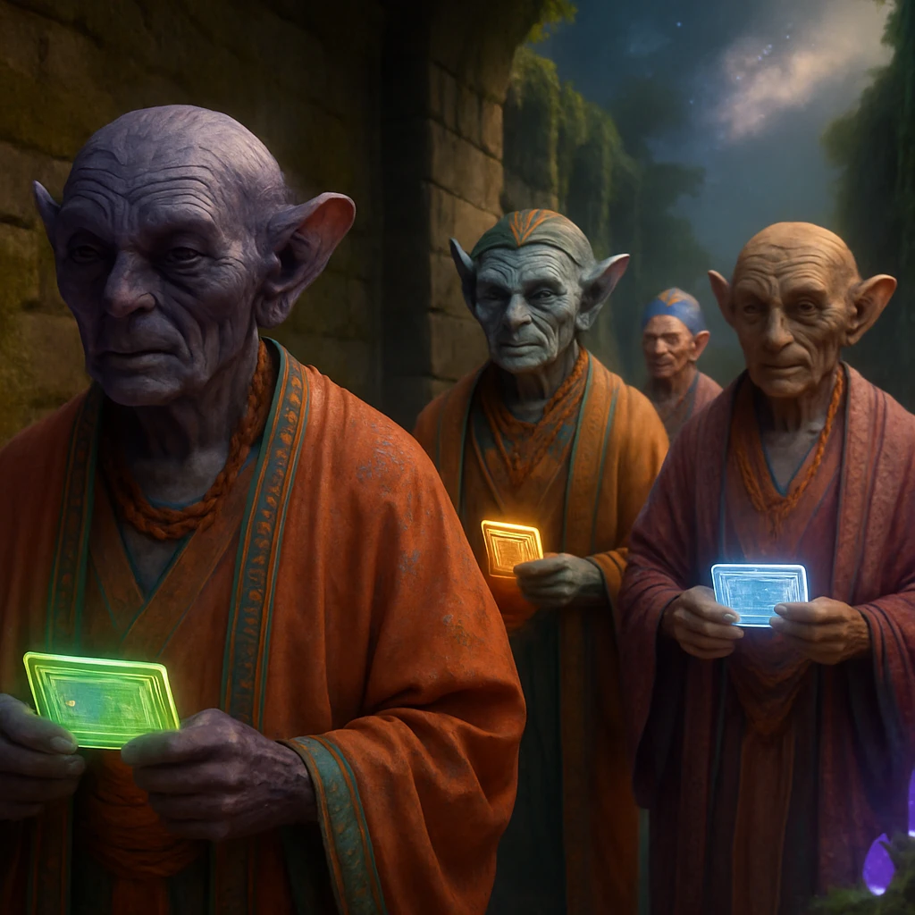 苔むした石の回廊を、光る受付票を手に持つ異星人の高齢者たちが伝統衣装で整然と歩く様子。