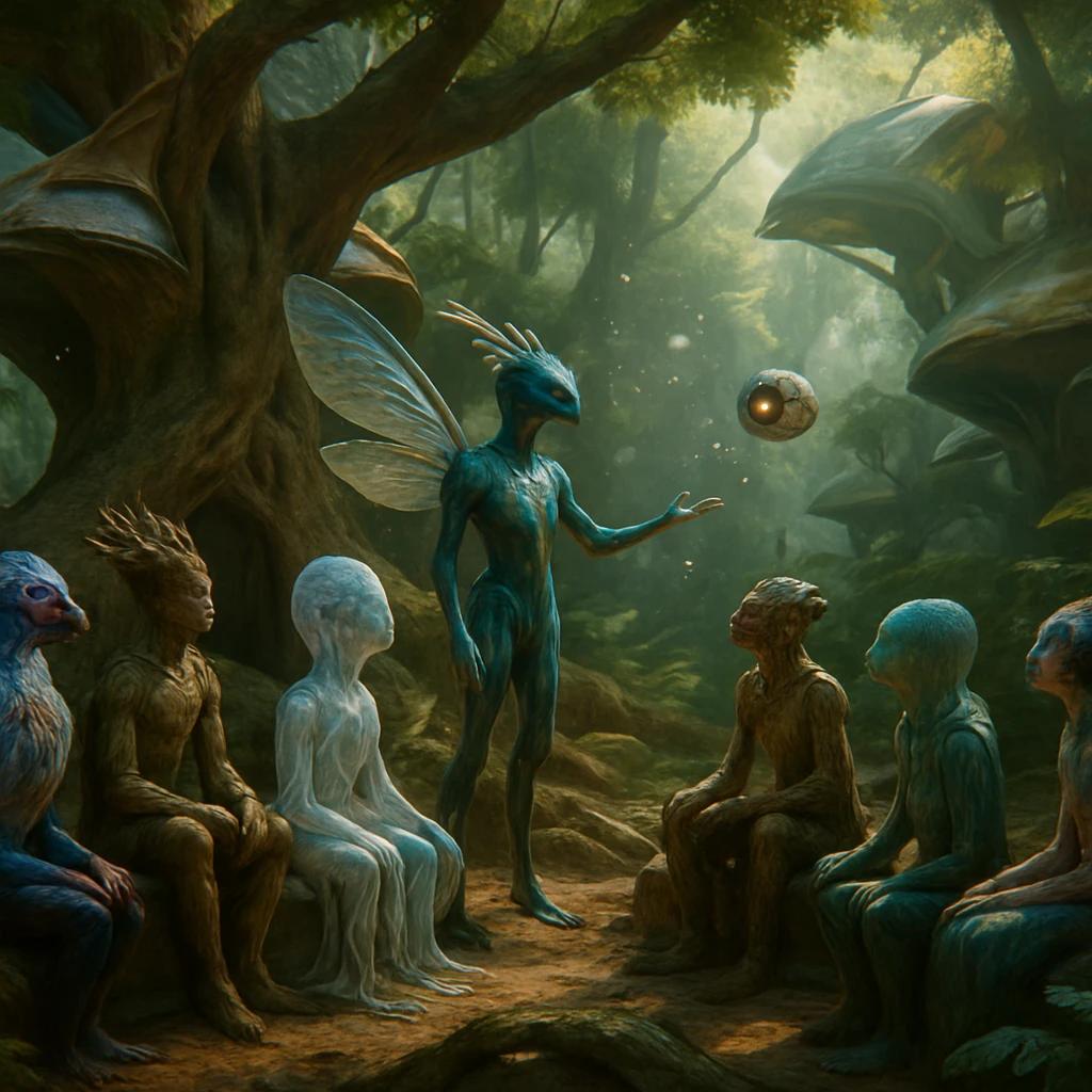 多様な姿の異星人の子どもたちが森の中の大樹の下で先生とともに集まり、自然と調和した未来的な教室風景を描いた画像。