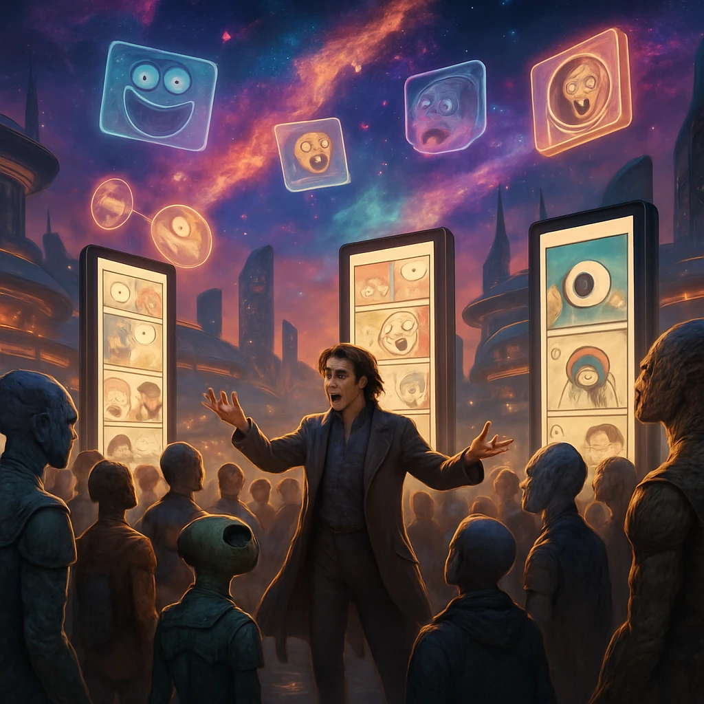 異星都市の広場で、様々な姿の来場者が縦長パネルに投影されたウェブトゥーン漫画を囲み、編集者が熱心に解説する様子を描いた写真。