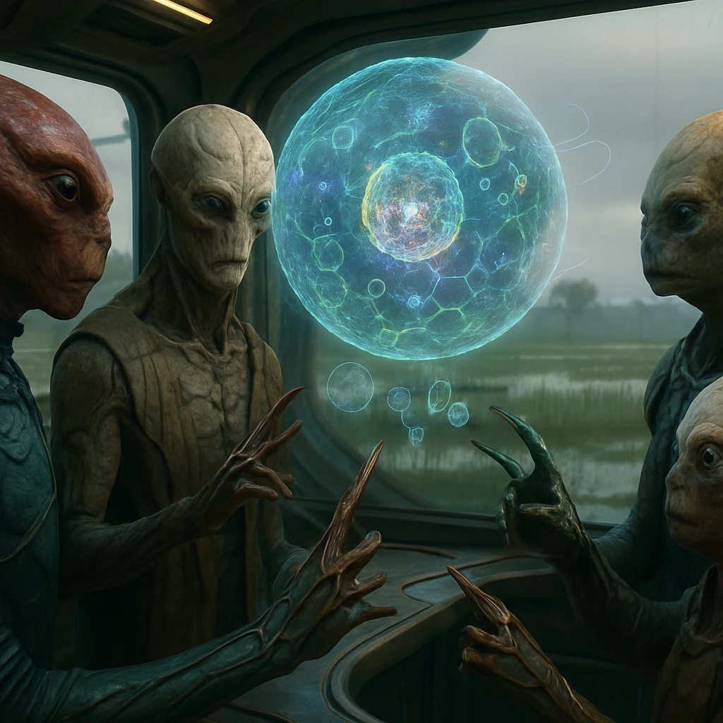 多様な異星人が指先に有機的な端末を装着し、未来的なバイオ診療所でホログラムを囲んでいる様子。