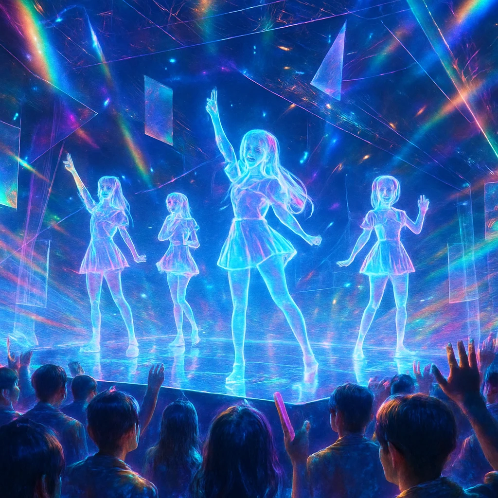 きらびやかな多色の光があふれる未来的なステージで、ホログラフィックのアイドル集団がライブパフォーマンスを行い、観客から虹色のエネルギー波が放たれている様子。
