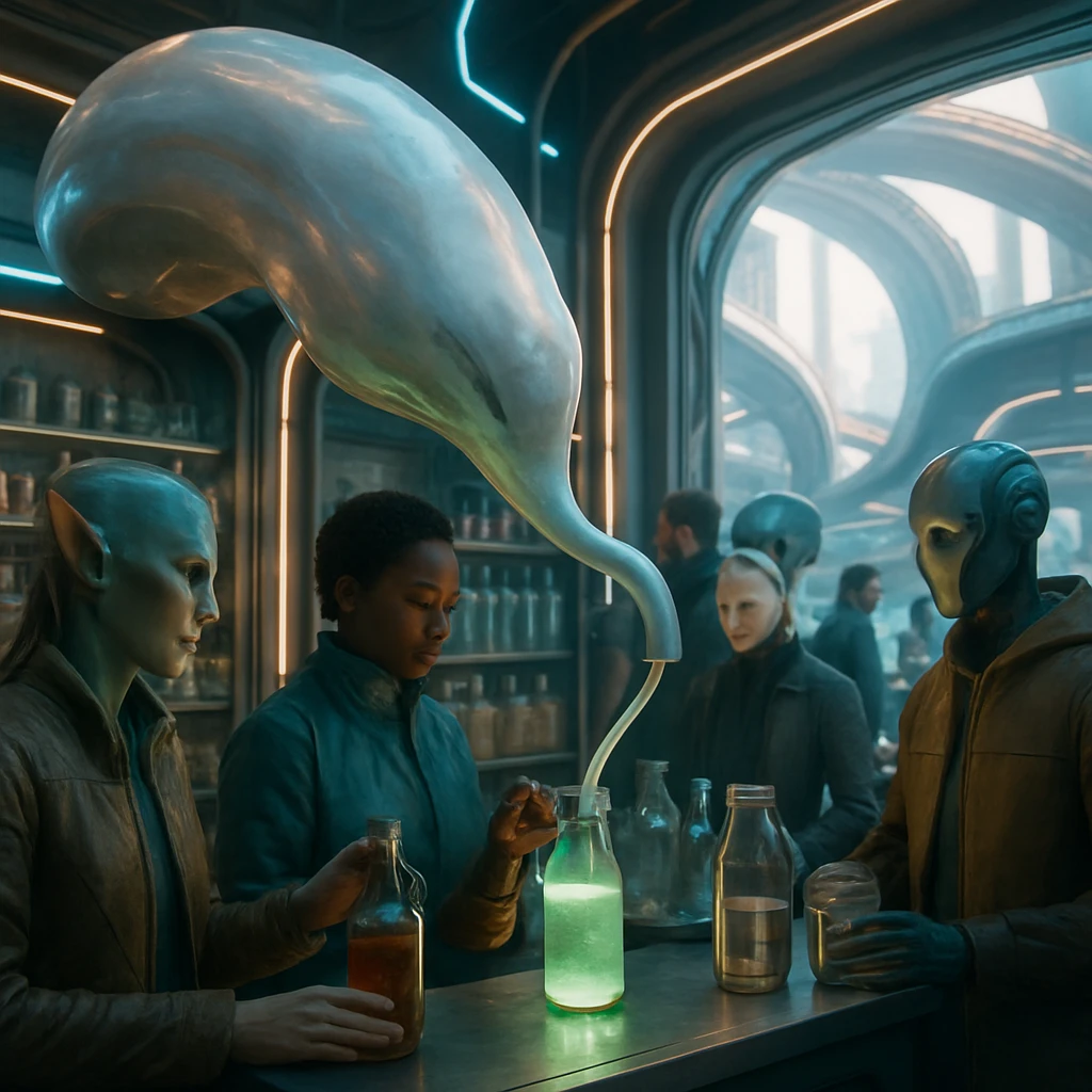 近未来的なエコストアで市民たちが有機的な詰め替え生命体イェクタクスから容器に液体を詰め替えている様子。
