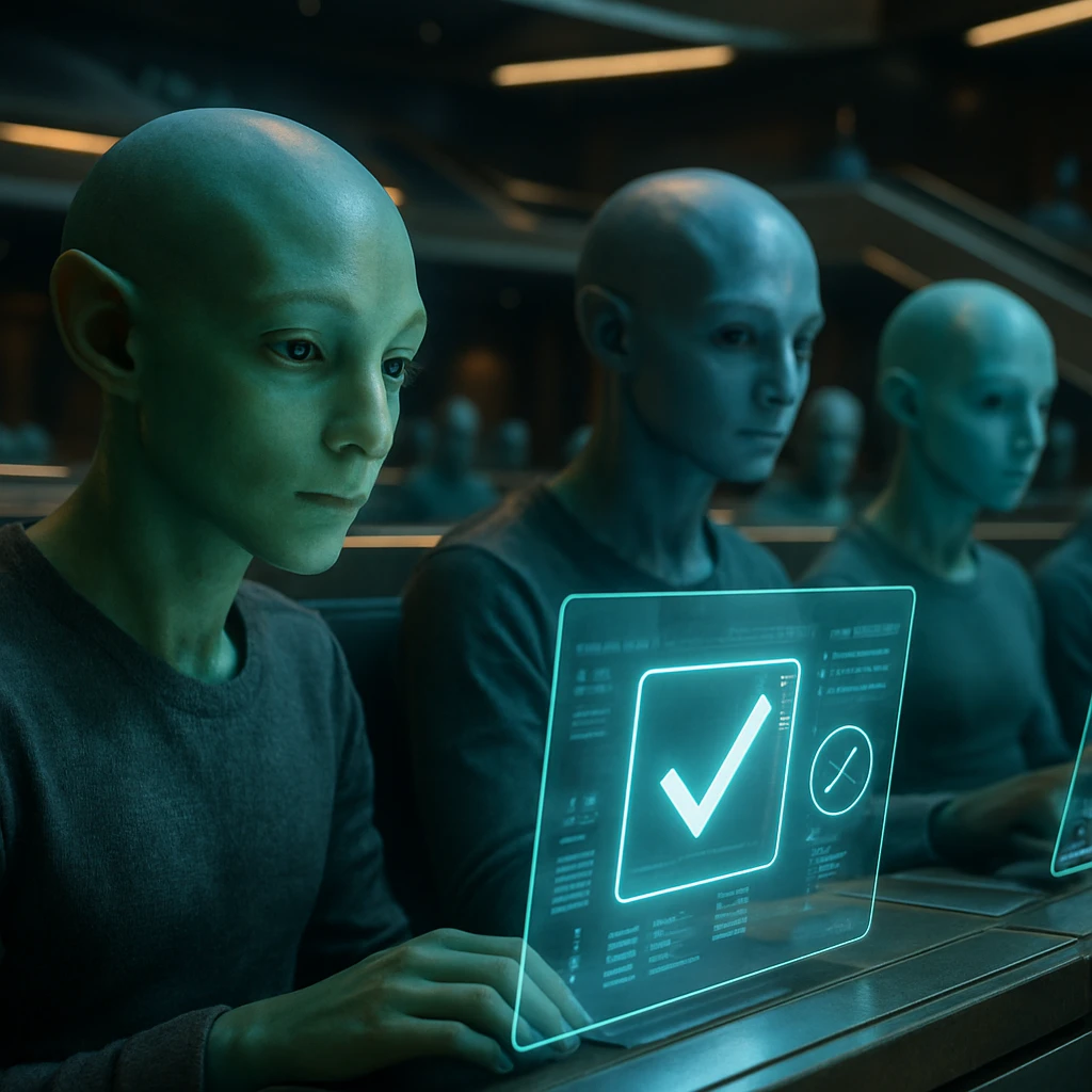 未来的な議場で青や緑の肌を持つ若者たちがホログラム投票に参加している様子。