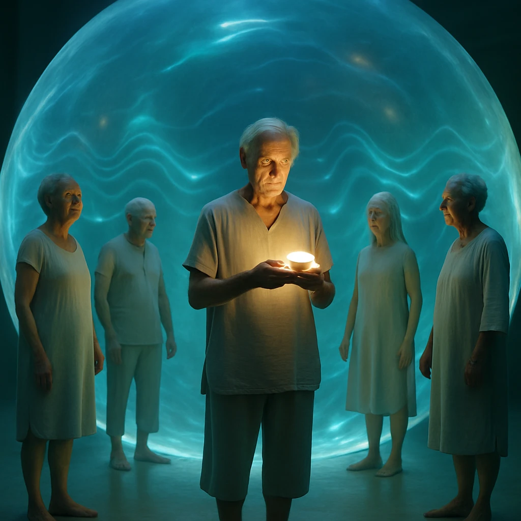 巨大な半透明のバイオジェル球体の内部で、高齢の人々がリラックスした姿勢で共鳴する様子。