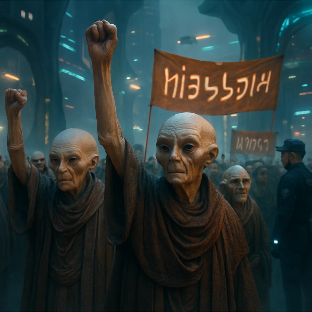 異星都市の広場で、長寿の高齢ラオリッド個体たちがウェアラブル端末着装義務に抗議し腕を掲げる様子のリアルな写真風画像。