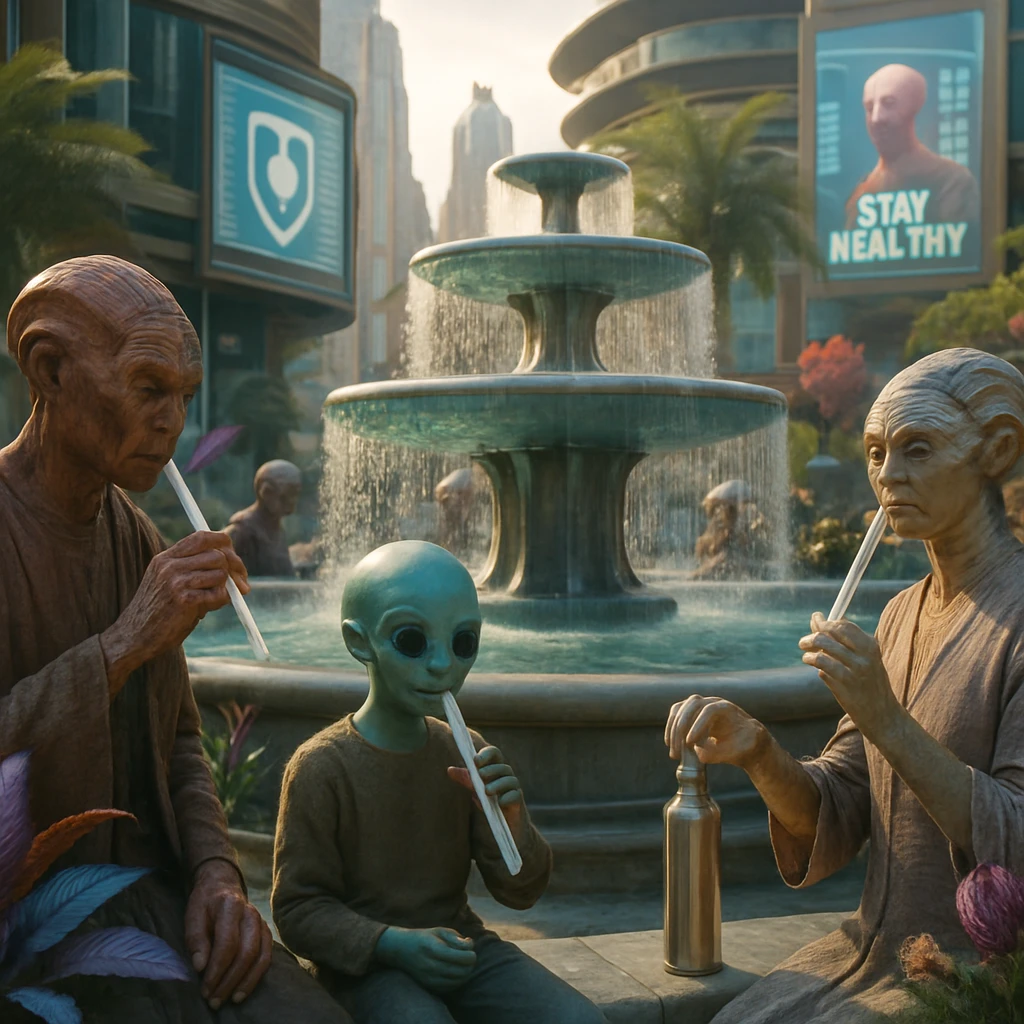 プレクシアの広場で多様な住民たちが発酵食品スティックを手に、未来的な水循環泉でケプラ水筒に水を補給する様子のリアルな場面。