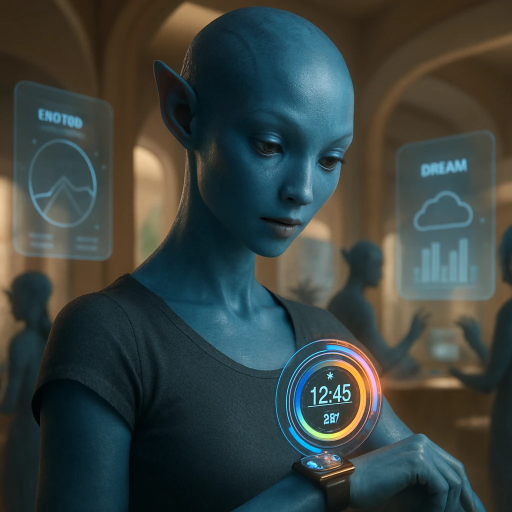 青い肌のオーシーンが未来的なスマートウォッチから立体ホログラム通知を見つめている場面。