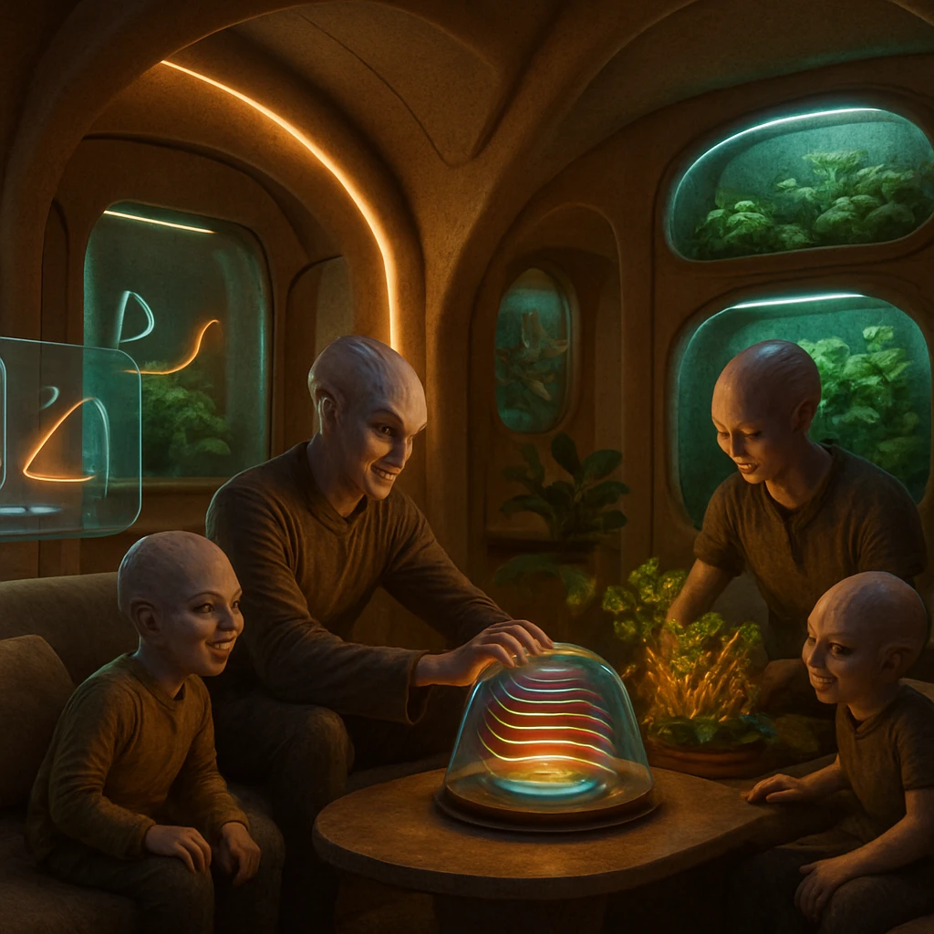 未来的な有機的デザインの居住空間で、多感覚体験装置を操作する異星種族の家族が壁面植物や浮遊ピローに囲まれて過ごしている写真。