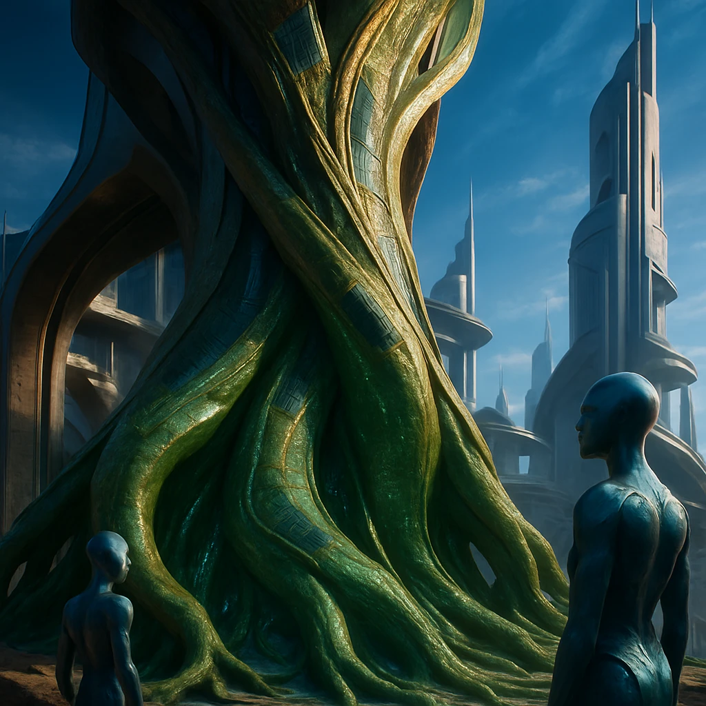 異星の大都市で巨大な発光する蔓植物が建築物を覆い、周囲に異星人が見守っている様子。