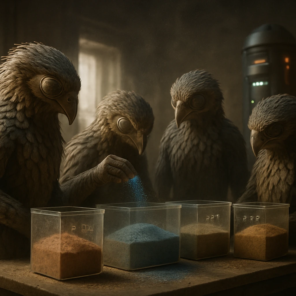 羽毛に覆われたズィーリ族の家族が、家の中で様々な色の塵を分別している風景。