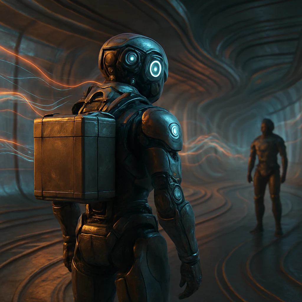 変形する未来都市の回廊で、自律配送ロボットと高機能スーツの技術者が並ぶ写真風の光景。