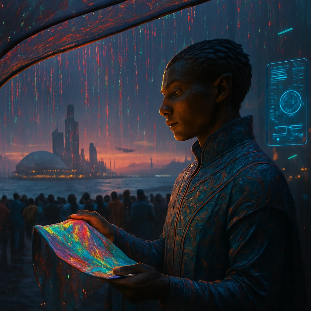 多色の雨が降り注ぐ異星の沿岸都市で、若い男性がカラフルな布を掲げている様子の写真。
