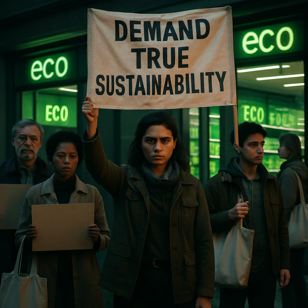 未来的な店舗の前でエコバッグやプラカードを手に団結する市民グループが抗議する様子。