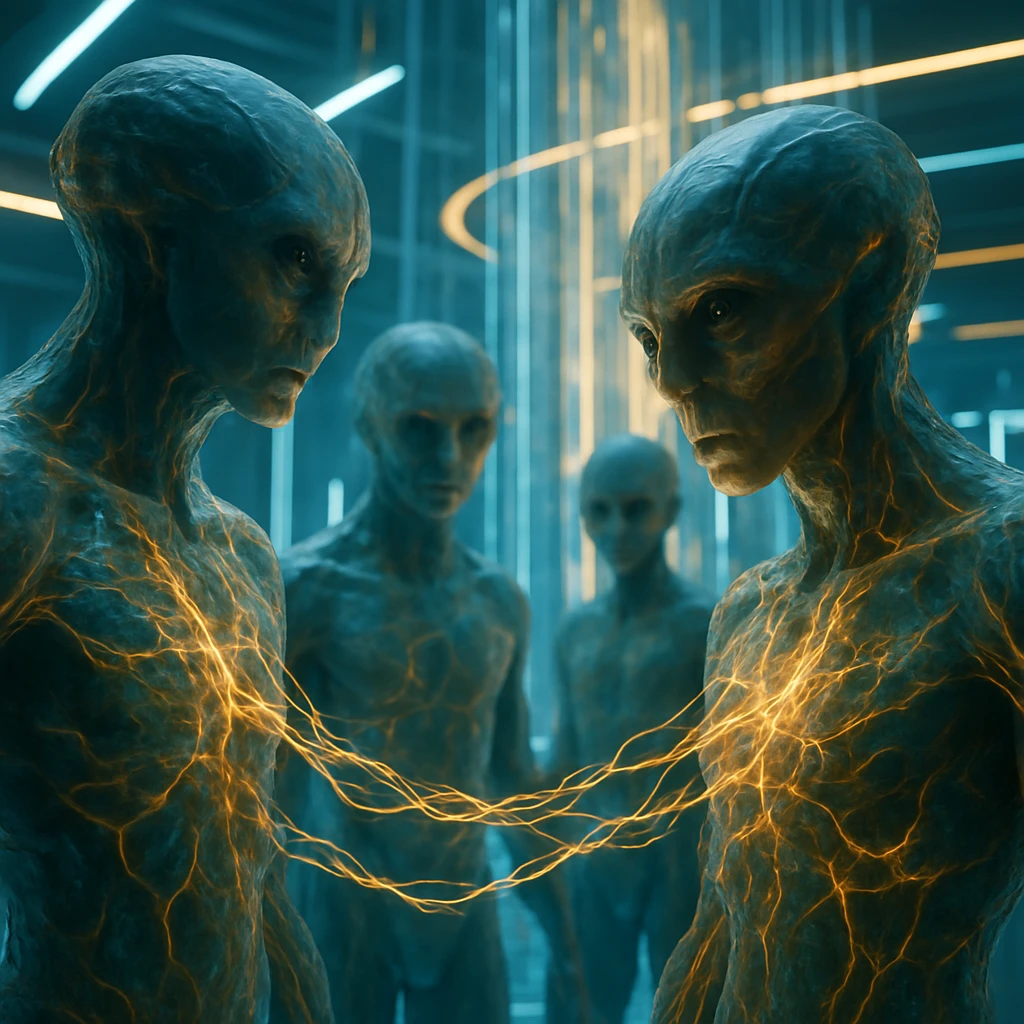 発光する神経蘚のような組織で結びついた多層構造の異星生命体たちが、光流あふれる未来的な空間で集団思考を共有している様子。