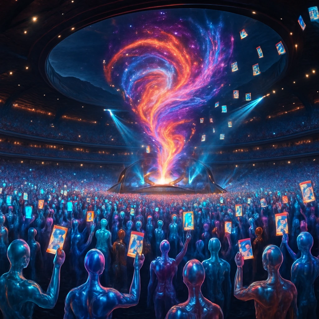 銀河系の未来的なコンサート会場で、発光する分身観客たちがホログラムカードを掲げている様子。