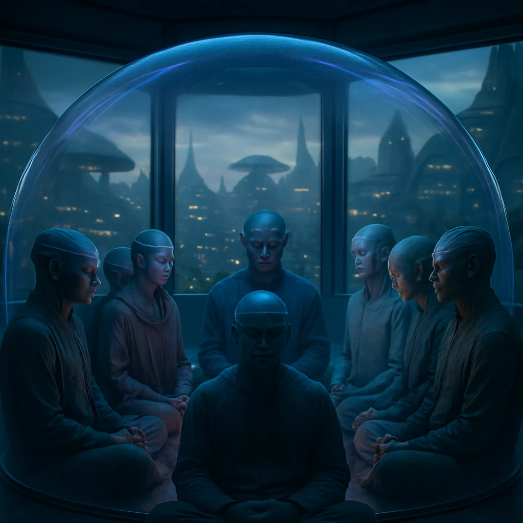 未来的な瞑想室で複数の異星人が輪になって静かに瞑想している様子。