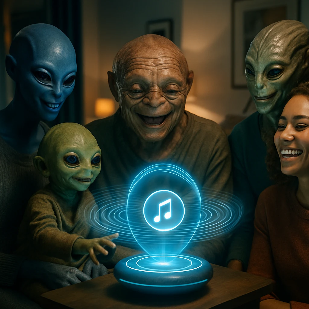 異なる種族で構成された多世代の家族が未来的な部屋で光を放つ音楽デバイスを囲んで団らんしているリアルな風景。