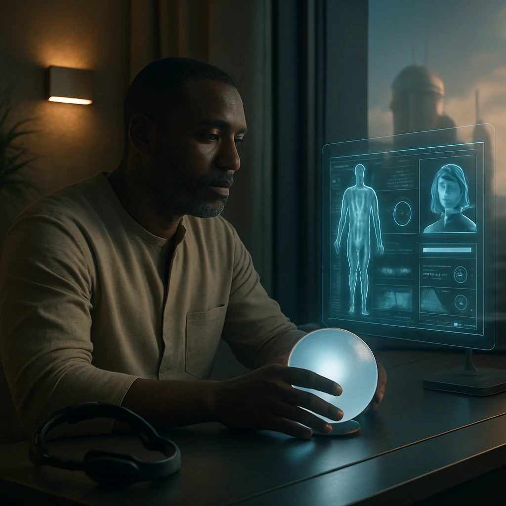 未来的な自宅で市民が発光するスフェロイド型診断端末とホログラム医療インターフェースを操作している様子。